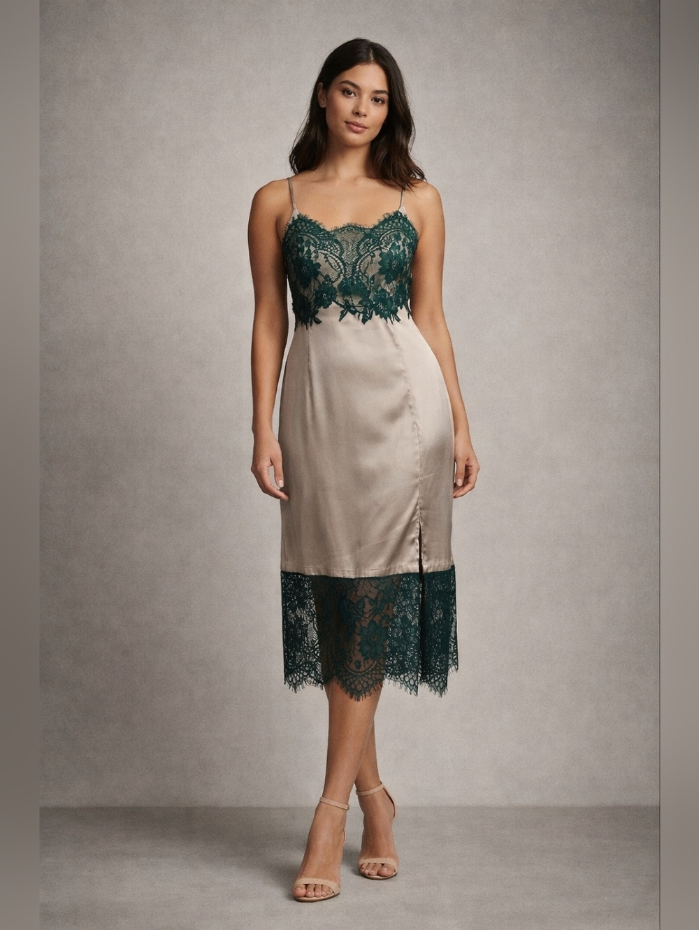Vintage Silk Blend Slip Dress with Emerald Lace Trim – Made in Bali